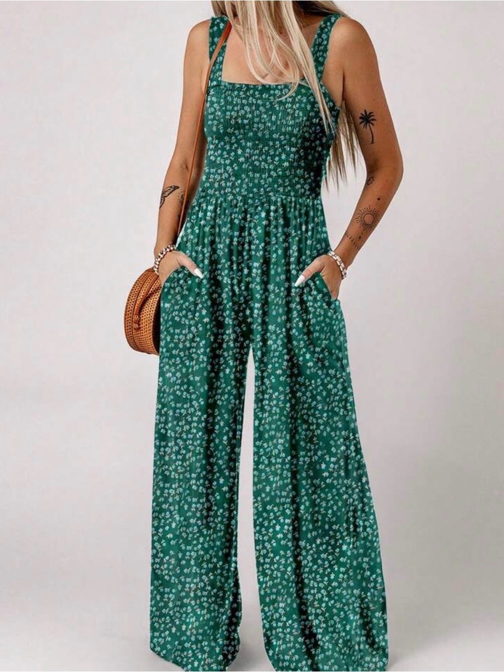 PETITE Sleeveless Green Floral Wide-Leg Jumpsuit